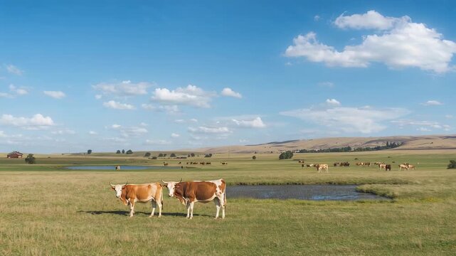 Camera starting, two brown-and-white cows grazing and drinking near waterhole with distant herd
