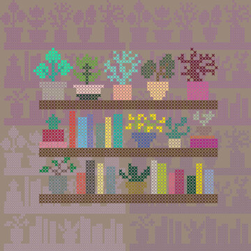 Cute cross-stitch shelf with indoor plants and colorful books on shading brown background, digital embroidery pixel art.