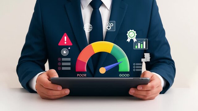 4k video clip of Cost management concept with businessman holding performance gauge, showing financial planning, data analysis, and strategy to reduce expenses and improve company efficiency