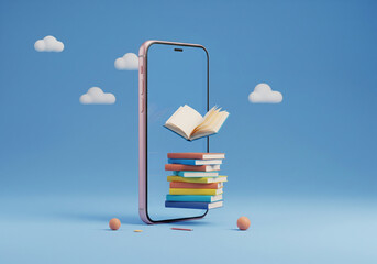 A 3D minimal animation concept showcasing digital education through a smartphone with floating books in a serene environment