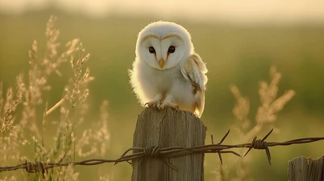 Barn Owl Perched on Weathered Fence Post with Barbed Wire Rural Landscape Golden Hour white owl bird