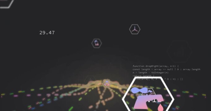 On load hexagonal data icons and code snippet gliding over grid to visualize metrics