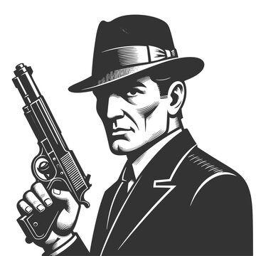 stern-faced man in a suit and fedora, holding a pistol in a classic noir style sketch engraving generative ai fictional character vector illustration. Scratch board imitation. Black and white image.