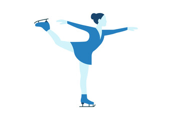 Mujer patinadora de hielo realizando una figura artística elegante con vestido azul