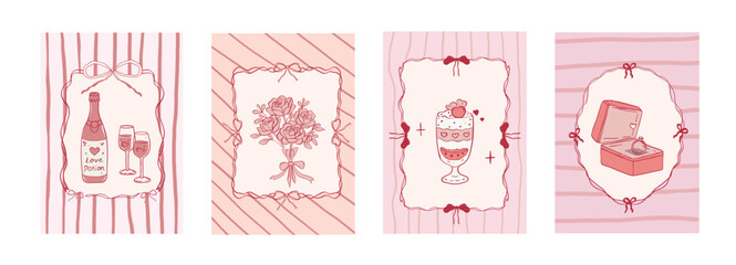 Set of vintage coquette greeting cards for Valentine&rsquo;s Day featuring romantic hand drawn illustrations, bows, flowers, desserts and love symbols. Vector Template for poster, cards, wedding invitation.