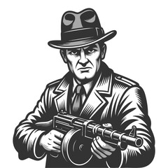 1920s gangster in suit and fedora aiming a classic Thompson submachine gun sketch engraving generative ai fictional character vector illustration. Scratch board imitation. Black and white image.