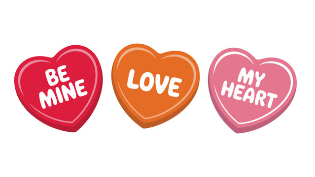  valentines day candy heart icons with love messages be mine love and my heart, romantic holiday sweets illustration for greeting cards stickers and social media design
