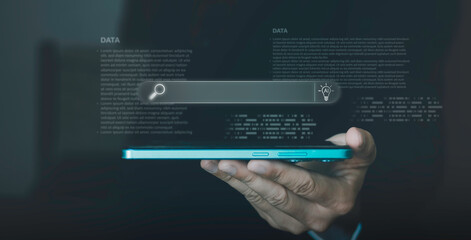 Search interface and AI icon above mobile device with flowing data, illustrating intelligent search, big data processing, digital information access, analytics technology, and business solutions.