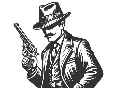 stern-faced man in a suit and fedora, holding a pistol in a classic noir style sketch engraving generative ai fictional character vector illustration. Scratch board imitation. Black and white image.