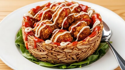 Delicious fried chicken strips with ketchup and mayonnaise on crispy potato nest