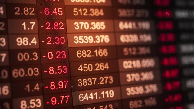 Seamless loop 3D animation of a stock market ticker table with red negative price changes and numeric rows on a warm dark screen, ideal for trading, finance, news, and analytics.