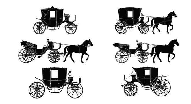 Vintage horse drawn carriages and elegant coaches depicted in a black and white silhouette style