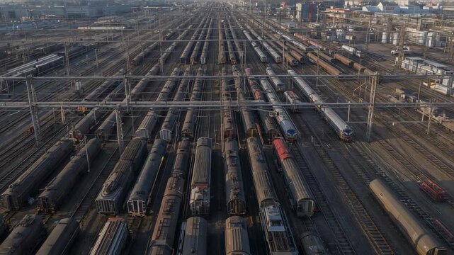Drone starting forward approach gliding over railyard at outskirts, surveying locos and catenary