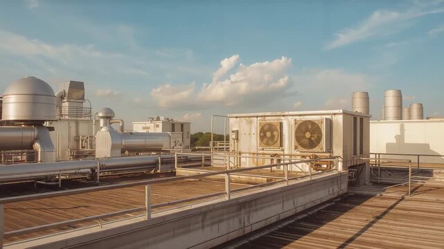 Drifting clouds shifting light casting late-afternoon shadows across rooftop HVAC unit and walkway