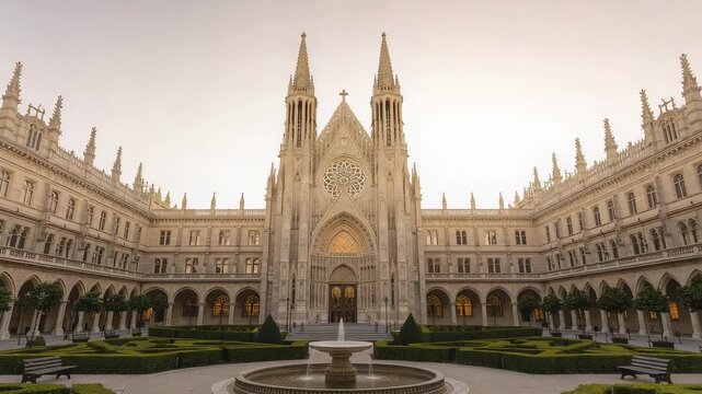 Panning camera approaching Gothic chapel facade in courtyard, showing rose window and fountain jet