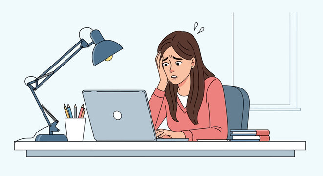 Stressed Young Woman Suffering from Work Burnout at Office Desk. Overwhelmed Employee or Student Facing Deadline Pressure and Anxiety on Laptop.
