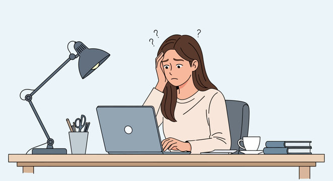 Frustrated Young Woman Struggling with Laptop Task. Confused Female Worker or Student Experiencing Stress, Trouble, and Information Overload at Desk.