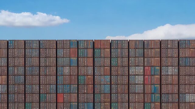 Shifting camera re-centering stacked shipping container wall at port, showing colorful doors