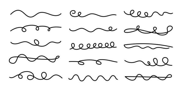 Hand drawn curly wavy marker underlines strokes set. Tendril swirl doodle style various strips art lines emphasis accentuation volute collection. Editable stroke. Isolated. Vector illustration