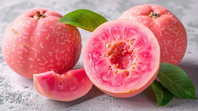 Realistic Vector Illustration of Fresh Guava Whole and Half with Leaves Tropical Fruit