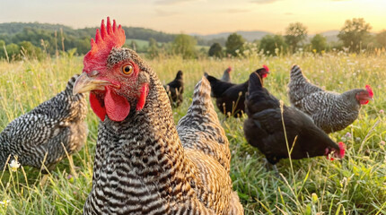 Chickens foraging in a green field during sunset