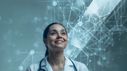 Smiling doctor in lab coat on set reacting to digital network intensifying behind, with stethoscope - Powered by Adobe