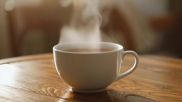 Locked‑off camera, close‑up of a cup of tea on a wooden table, steam rising slowly, soft morning light and gentle lens flare