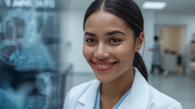 Smiling Dr shifting to smile while viewing diagnostic display in clinic in lab coat confirming scan