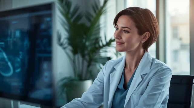 Shifting Dr in scrubs and white coat turning and smiling at clinical desk, monitor showing results