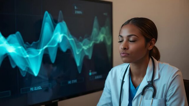 Watching doctor in lab coat with steth studying monitor as waveforms updating at clinic, copy space