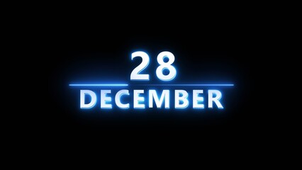December month calendar number text illustration. Calendar date 28 number on black background.