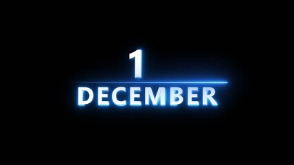 December month calendar number text illustration. Calendar date 1 number on black background.