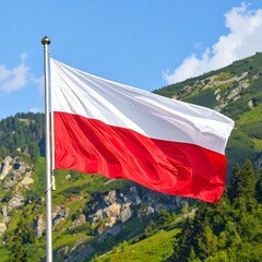 A Polish flag waving in front of a mountainous landscape