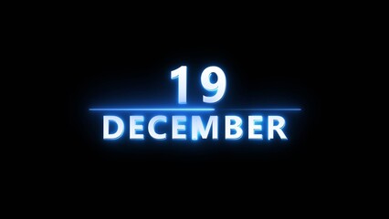 December month calendar number text illustration. Calendar date 19 number on black background.