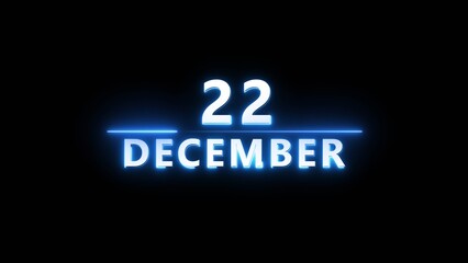 December month calendar number text illustration. Calendar date 22 number on black background.