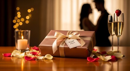 Romantic celebration setup with gift champagne and candlelight for lovers on special occasion