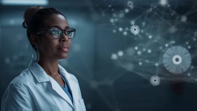 Watching hologram appearing in lab, doctor closing eyes, reflecting, refocusing in coat, copy space