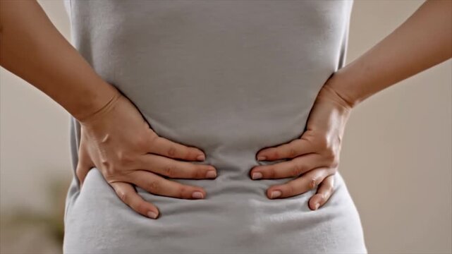 Woman hands massage lower back to relieve spinal pain at home indoor footage with slow motion cinematic motion