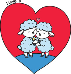Fototapeta premium Love card with cute sheets or lambs. Heart illustration.