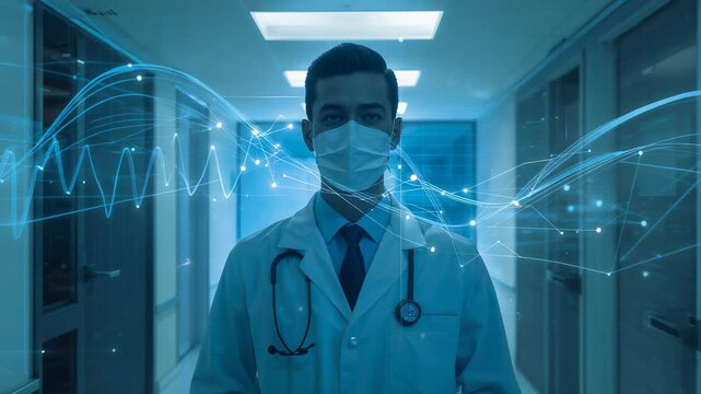 Standing doc watching waves appearing in hospital corridor, lab coat tie stethoscope surgical mask