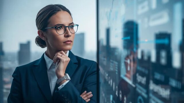 Businesswoman wearing navy blazer standing at glass, scanning charts and weighing options in office
