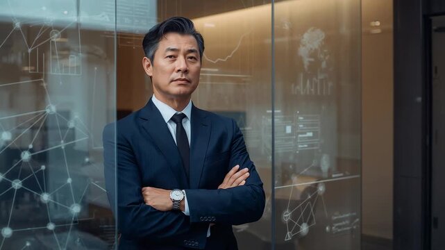 Opening eyes, Asian manager in dark suit behind glass studying charts and checking watch to decide