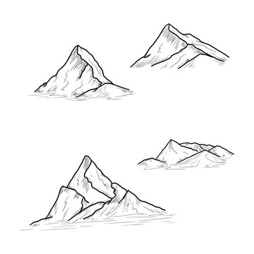 Mountains, black and white sketch. Vector illustration. Nari sovan rocks and stones hand drawn in simple style, isolated on white background