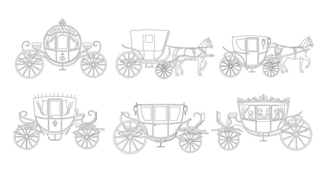 Detailed illustrations of vintage horse drawn carriages in various perspectives and styles
