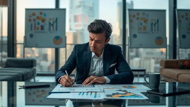 Leaning forward, professional reviewing charts with pen at office table, preparing meeting, in suit