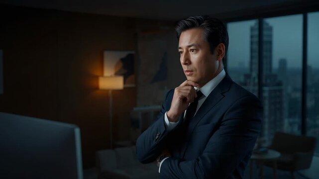 Reading midcareer Asian man in suit scanning monitor showing data in office, deciding, copy space