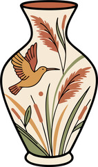 Obraz premium Boho Ceramic Vase with Hummingbird Pampas Grass Flat Vector Illustration Nature Motif