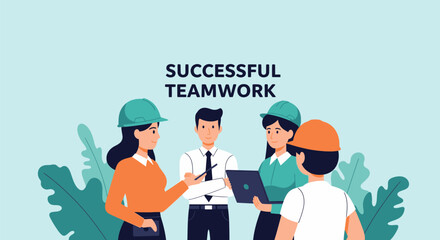 Naklejka premium Successful Teamwork in Engineering and Construction. Diverse Professional Group Meeting and Collaborating on a Project Plan, Wearing Hard Hats.