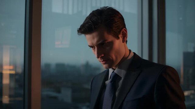 Standing adult man shifting gaze down at dusk highrise window, lamp glow, suit, thinking about work