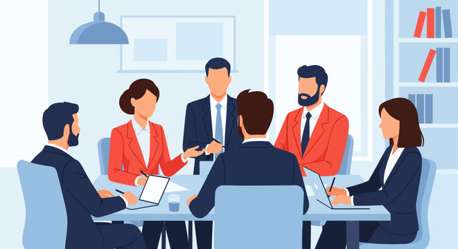 Professional Business Meeting Illustration. Corporate Team Collaboration in Office Conference Room. Strategy, Discussion, and Teamwork Vector.